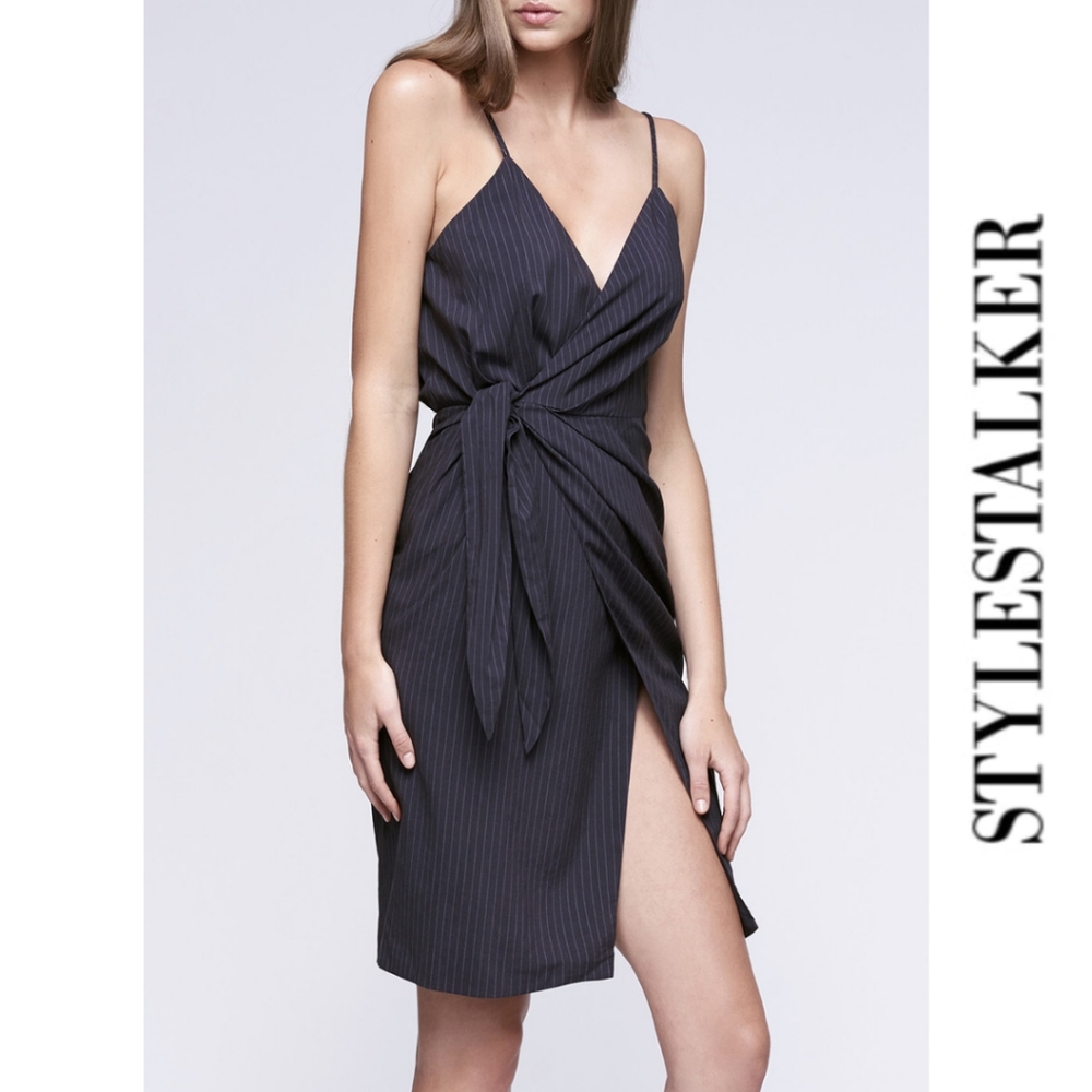 StyleStalker Odysseus Wrap Midi Pinstripe Dress Sm